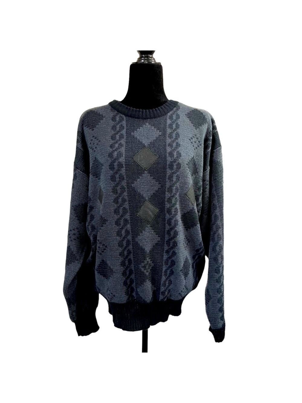 Vintage Geometric Sweater with Leather Details